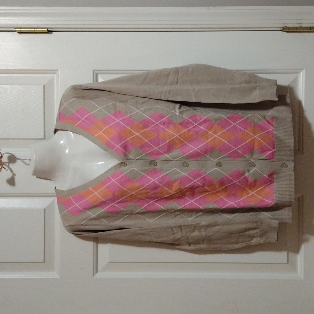 Liz Claiborne Cream Argyle Print Cardigan Sweater Size Medium 🆕